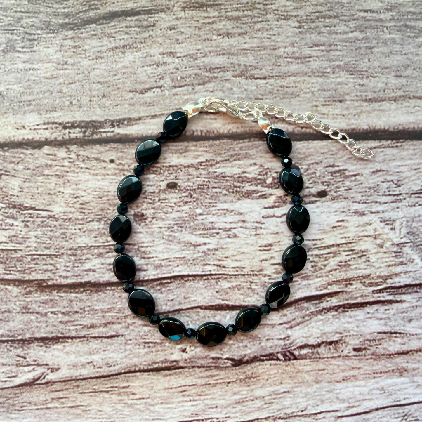 Faceted Onyx Bracelet – Minimalist Black Gemstone Jewelry, Stainless Steel