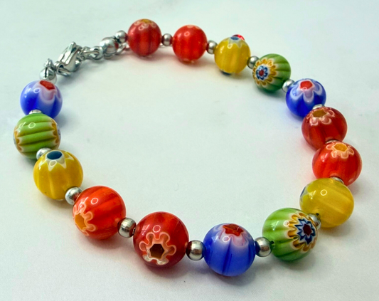 Millefiori Flower Bracelet – Enchanted Garden, Rainbow Colorful Glass Jewelry for Everyday Wear, Stainless Steel