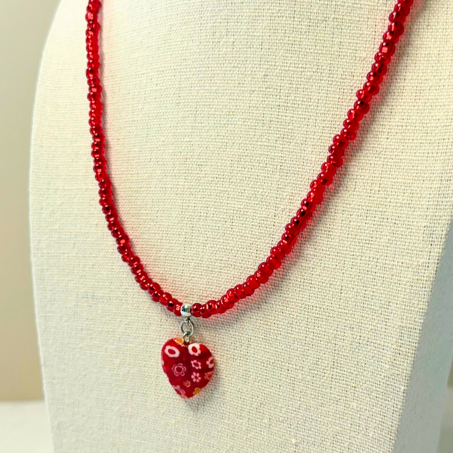 Heartfire Millefiori Heart Necklace – Red Beaded Floral Glass Pendant