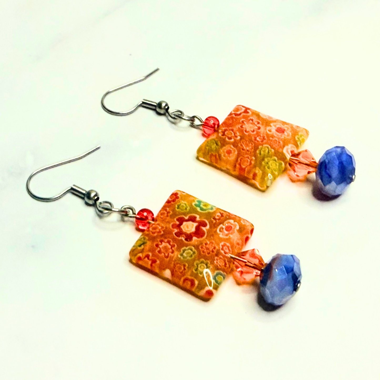 Sunrise Garden Millefiori Earrings – Orange & Blue Floral Glass Dangles