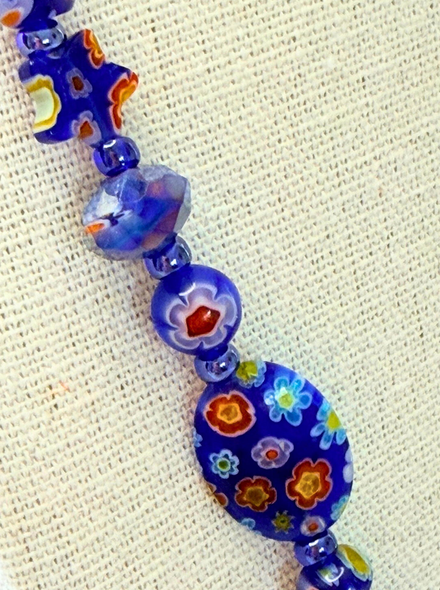 Millefiori Flower Necklace – Bluebonnet, Colorful Glass Jewelry in Bold Blue Floral Design, Stainless Steel