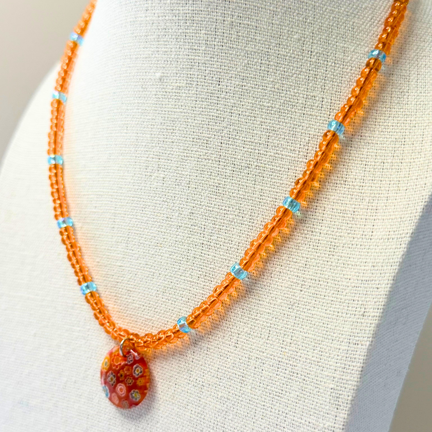 Tropical Daydream Millefiori Necklace – Orange Beaded Floral Glass Pendant