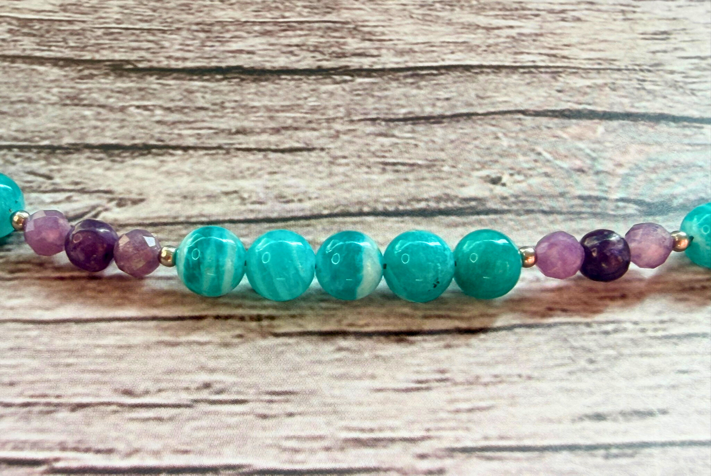 AAA Amazonite & Lepidolite Gemstone Necklace – Teal & Lavender Boho Chic Jewelry