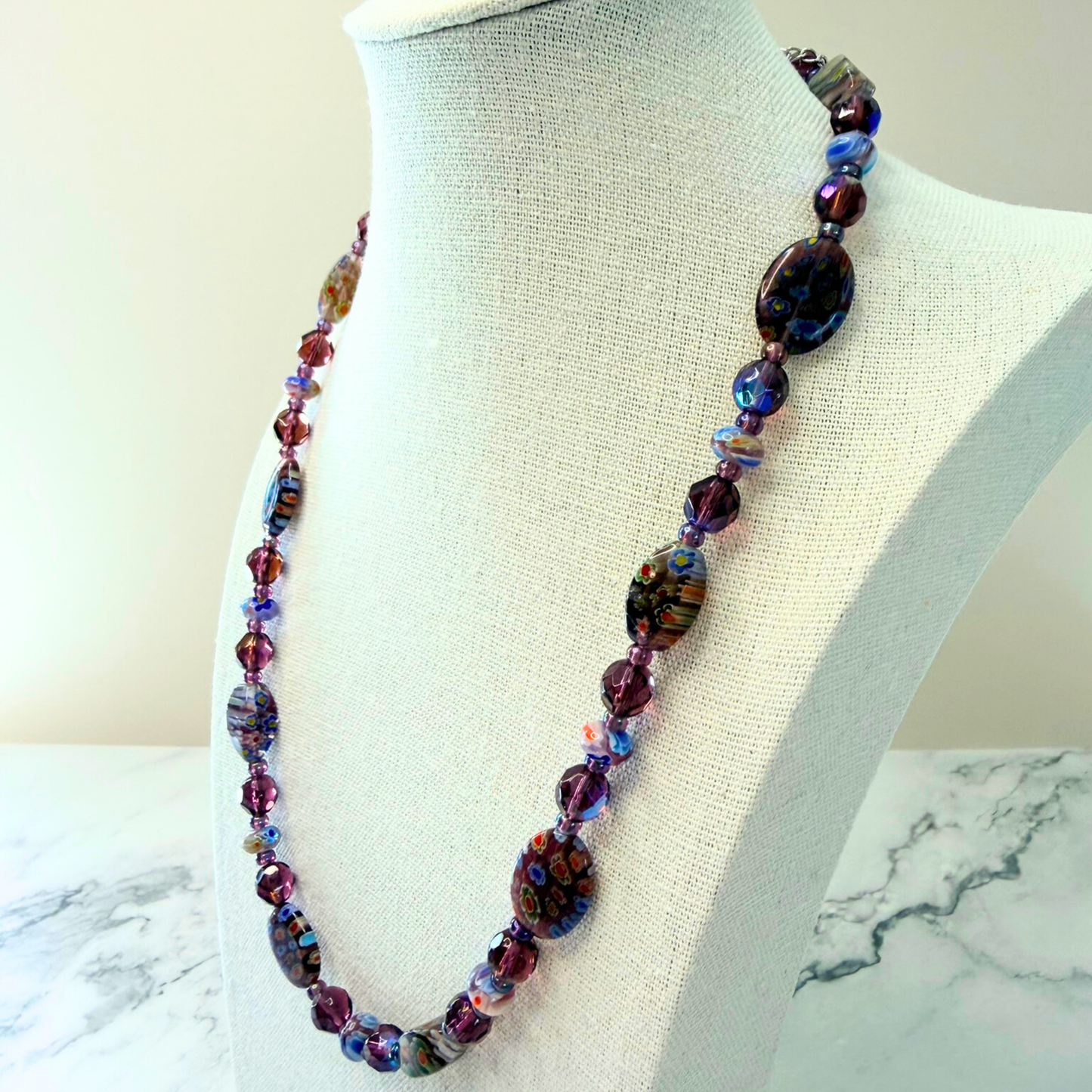 Millefiori Flower Necklace – Violet, Colorful Glass Jewelry in Purple Floral Design, Stainless Steel