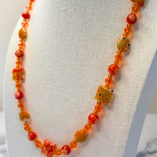 Millefiori Flower Necklace – Tiger Lily, Colorful Glass Jewelry in Orange Floral Design, Stainless Steel