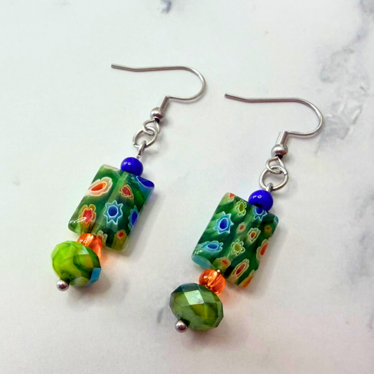 Millefiori Flower Earrings – Hidden Garden, Colorful Glass Jewelry in Bloom, Stainless Steel