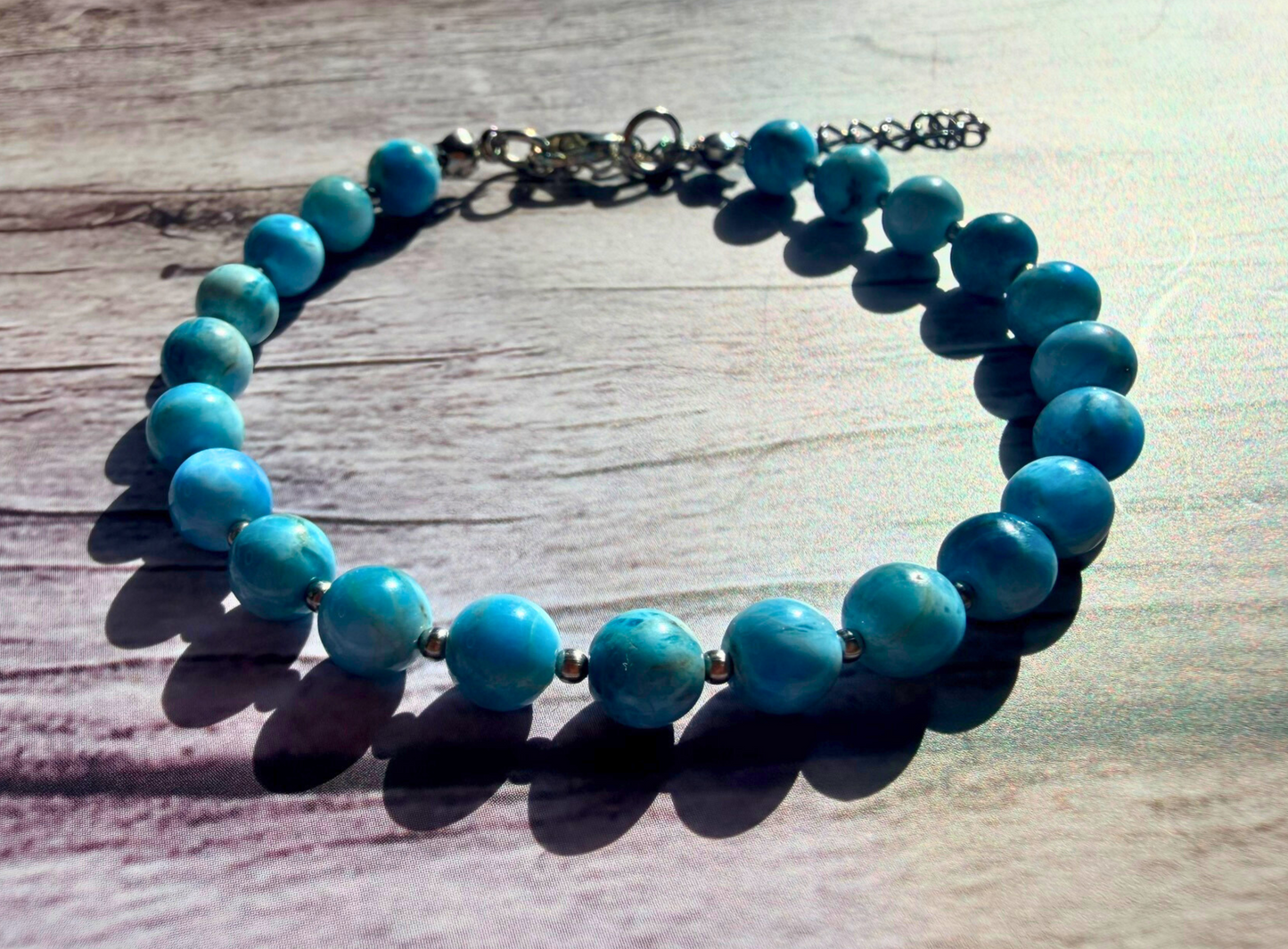 Sky Blue Apatite Bracelet – Minimalist Gemstone Jewelry with Stainless Steel, 6mm Beads