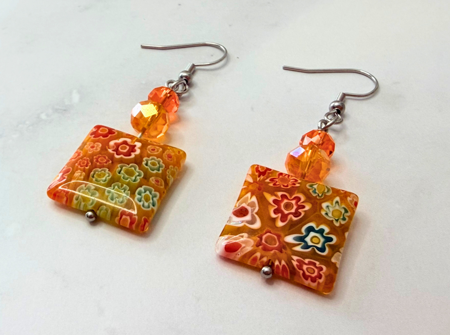 Millefiori Flower Earrings – Sunset Garden, Colorful Glass Jewelry in Warm Golden Tones, Stainless Steel