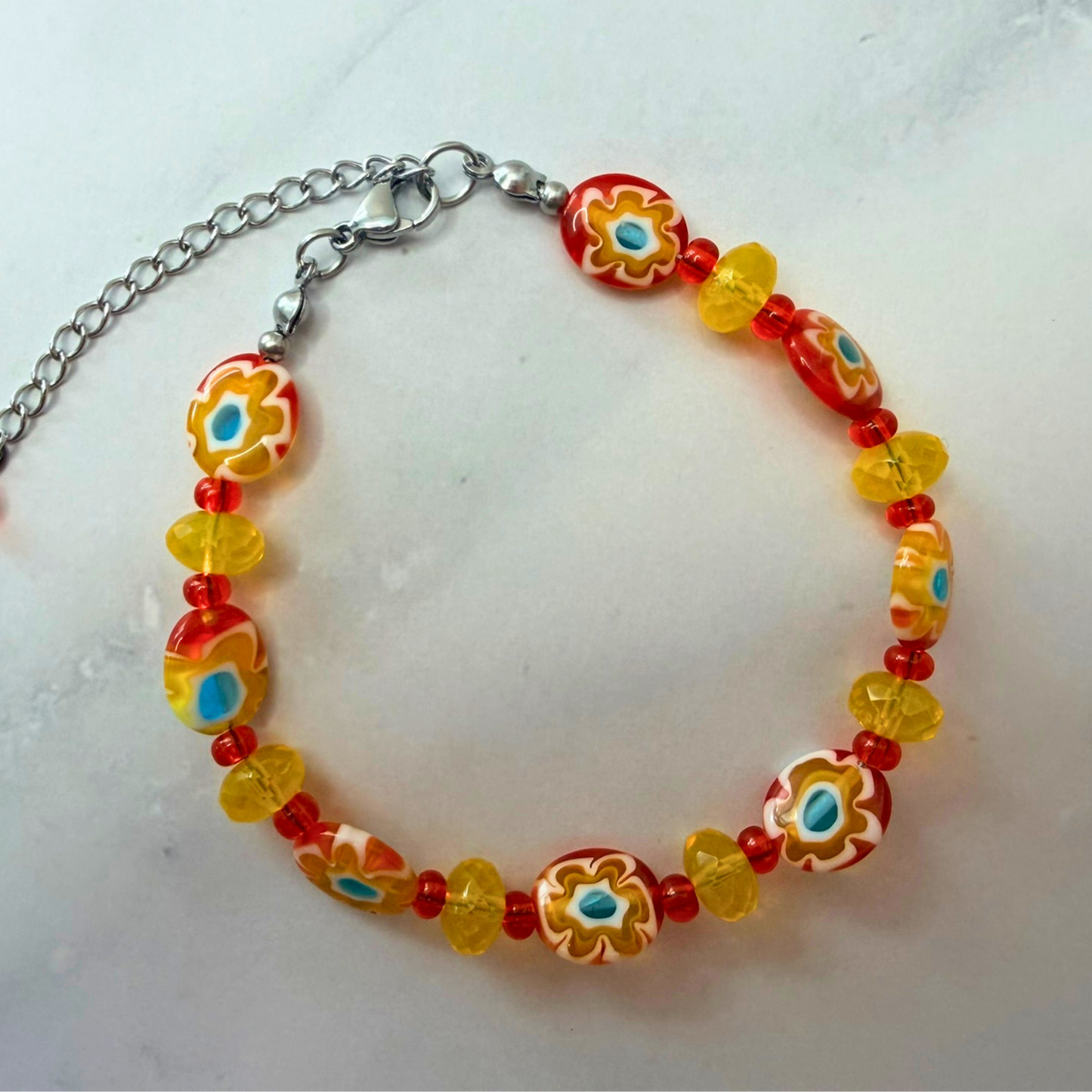 Sunshine Blossom Millefiori Bracelet – Red & Yellow Floral Glass
