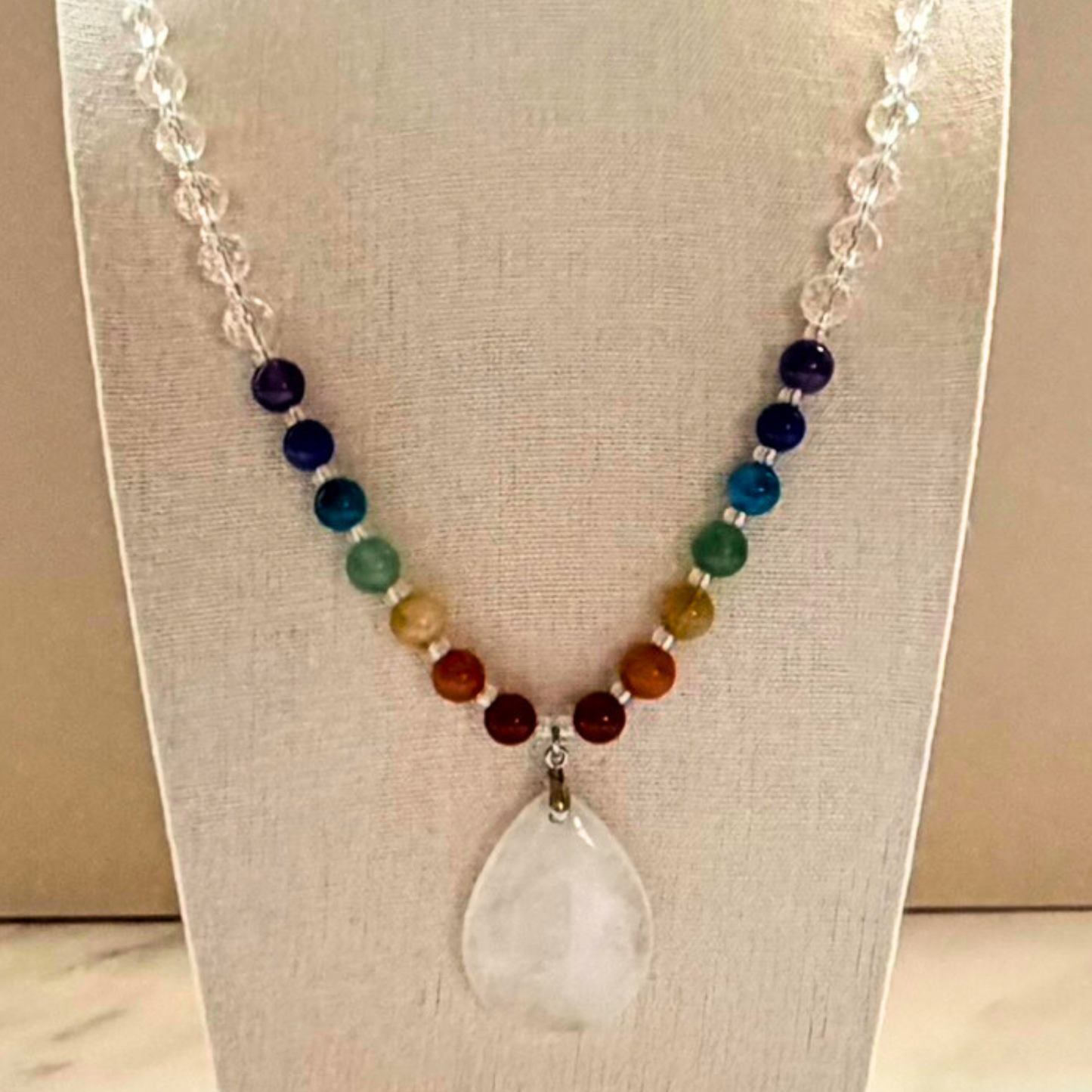 Chakra Statement Necklace – 7 Chakra Gemstone Jewelry for Balance & Clarity, Clear Quartz Pendant, Stainless Steel