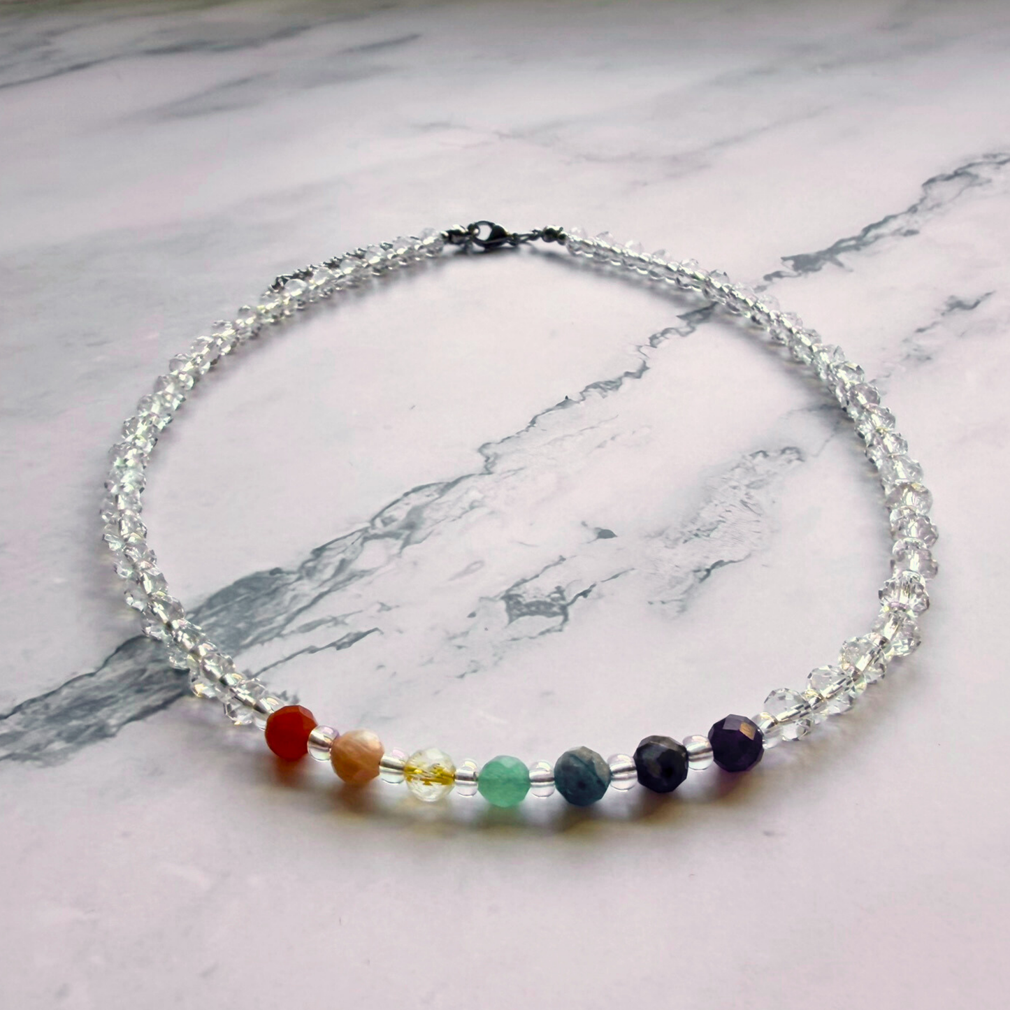 Chakra Choker Necklace – Minimalist 7 Chakra Gemstone Jewelry for Balance & Clarity, Clear Quartz, Stainless Steel