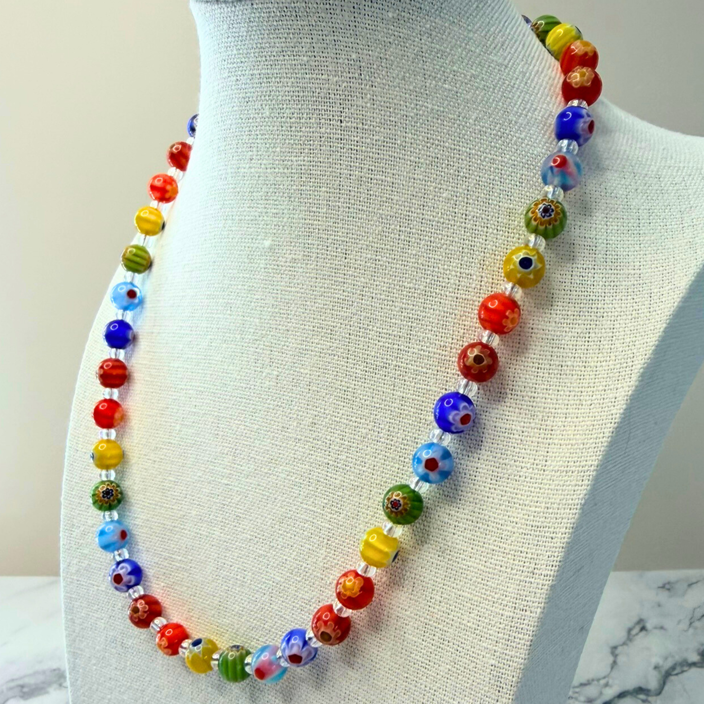 Millefiori Flower Necklace – Enchanted Garden, Rainbow Glass Jewelry for Everyday Wear, Stainless Steel