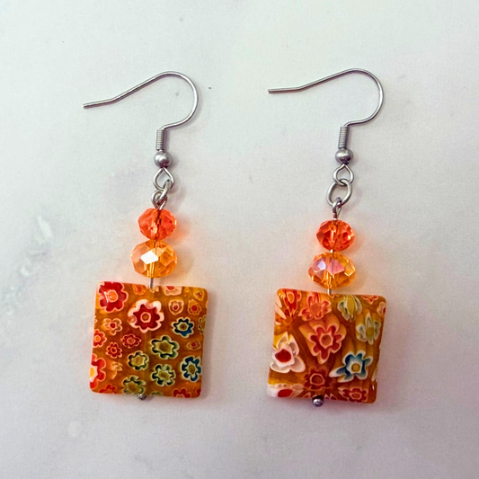 Millefiori Flower Earrings – Sunset Garden, Colorful Glass Jewelry in Warm Golden Tones, Stainless Steel