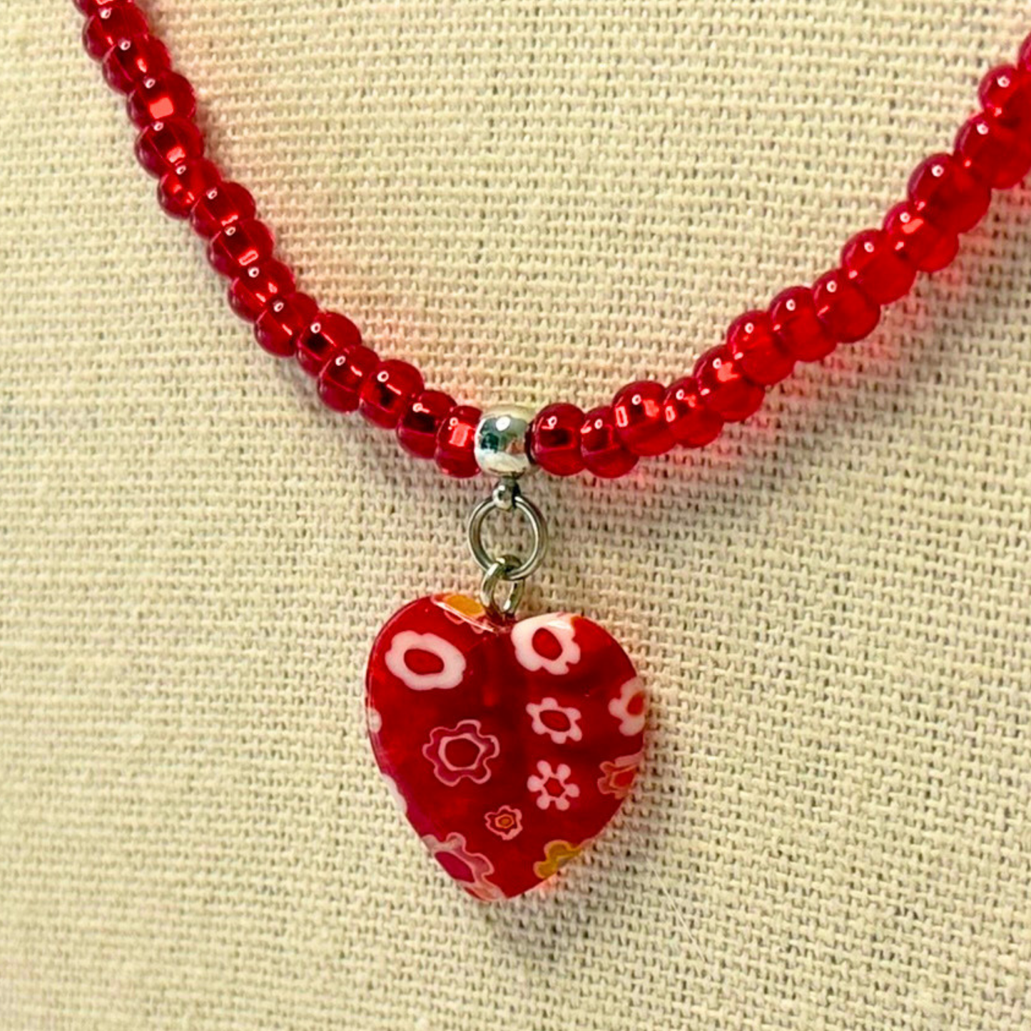 Heartfire Millefiori Heart Necklace – Red Beaded Floral Glass Pendant