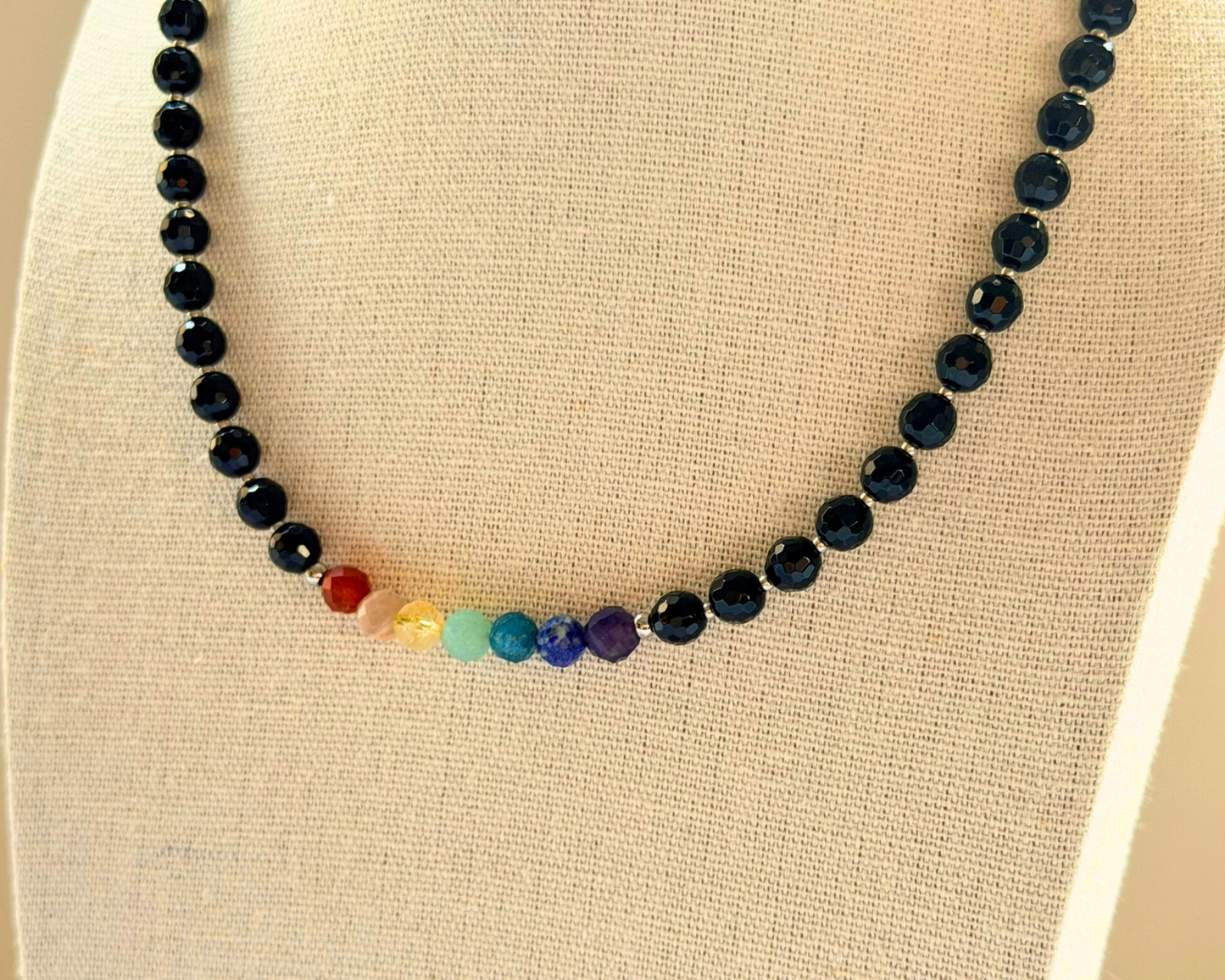 Chakra Choker Necklace – Minimalist 7 Chakra Gemstone Jewelry for Balance & Symbolism, Onyx, Stainless Steel