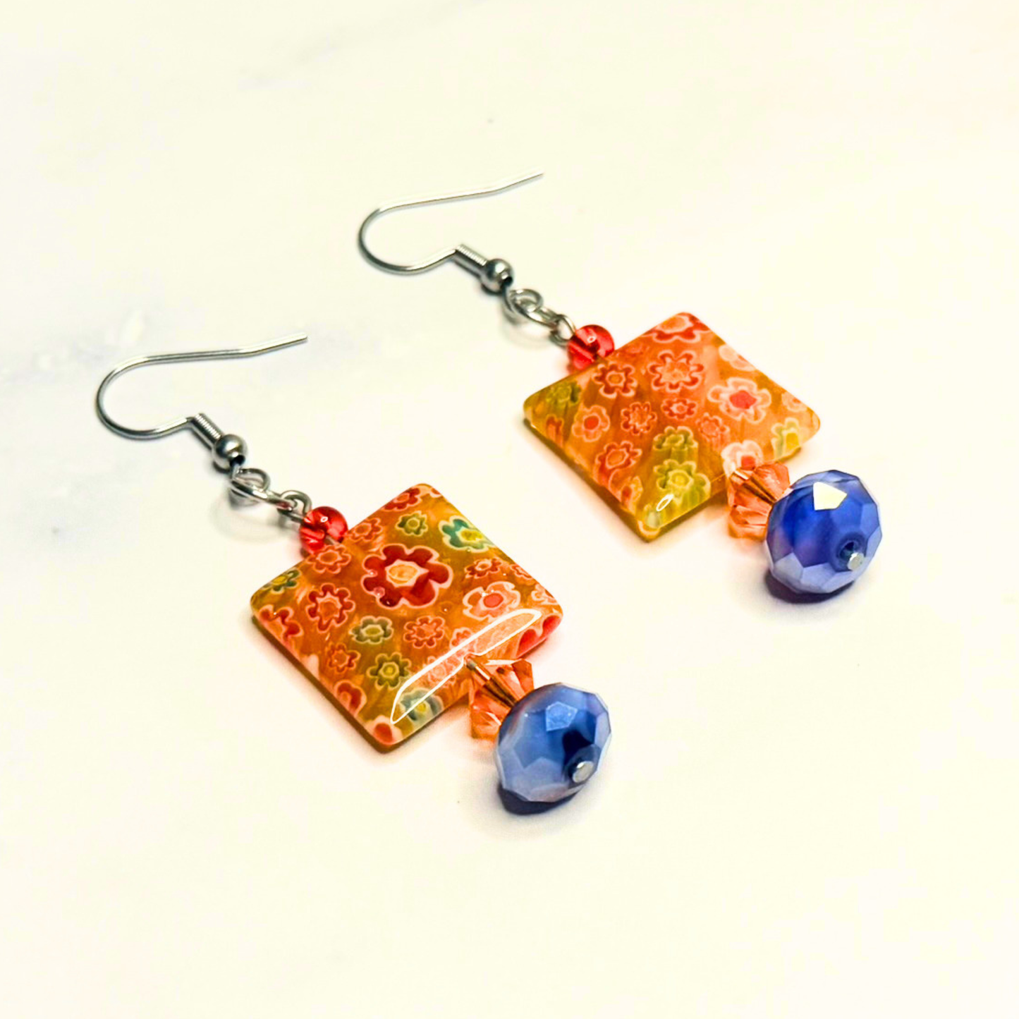 Sunrise Garden Millefiori Earrings – Orange & Blue Floral Glass Dangles