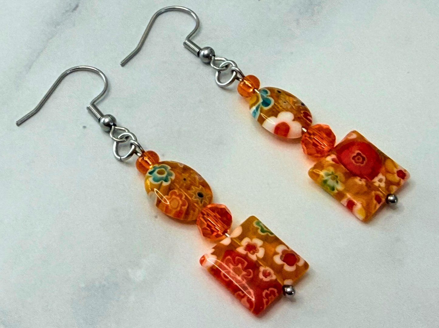 Millefiori Flower Earrings – Tiger Lily, Colorful Glass Jewelry in Orange Floral Design, Stainless Steel