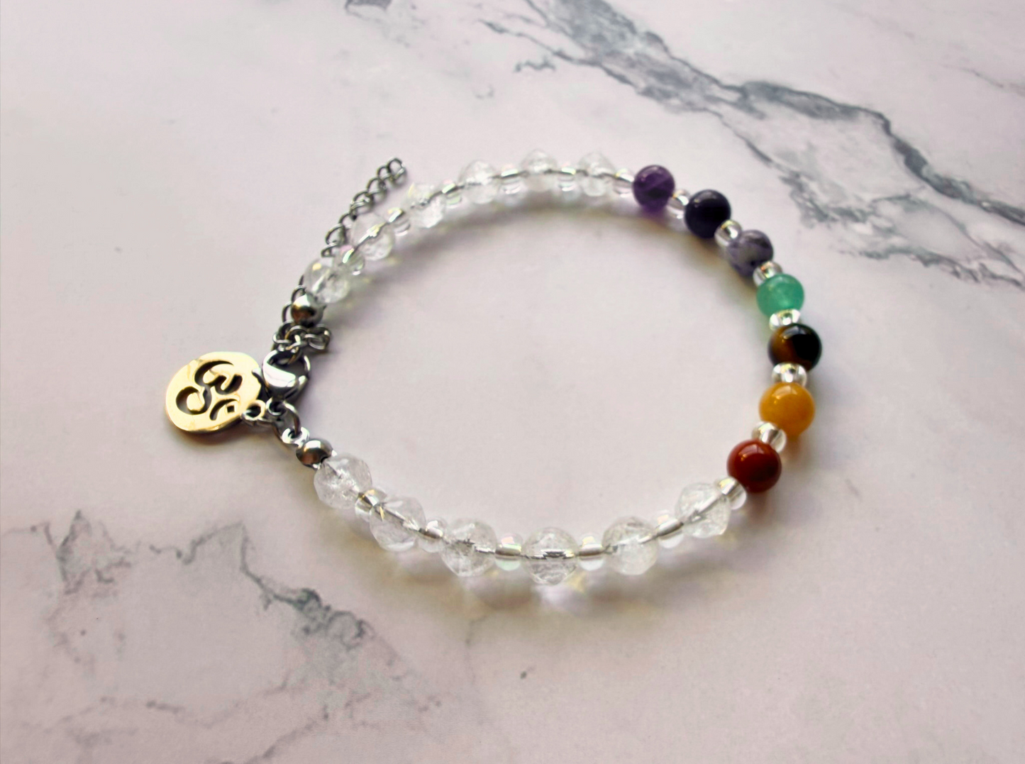 Chakra Bracelet – 7 Chakra Gemstone Jewelry for Balance & Clarity, Clear Quartz & Om Charm, Stainless Steel