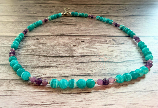 AAA Amazonite & Lepidolite Gemstone Necklace – Teal & Lavender Boho Chic Jewelry
