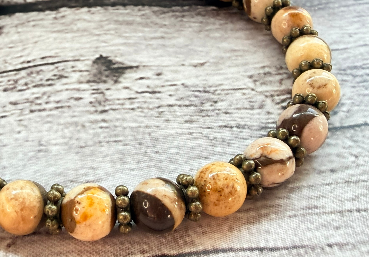 Brown Zebra Jasper Bracelet – Boho Earth Tone Gemstone Jewelry, Antique Bronze