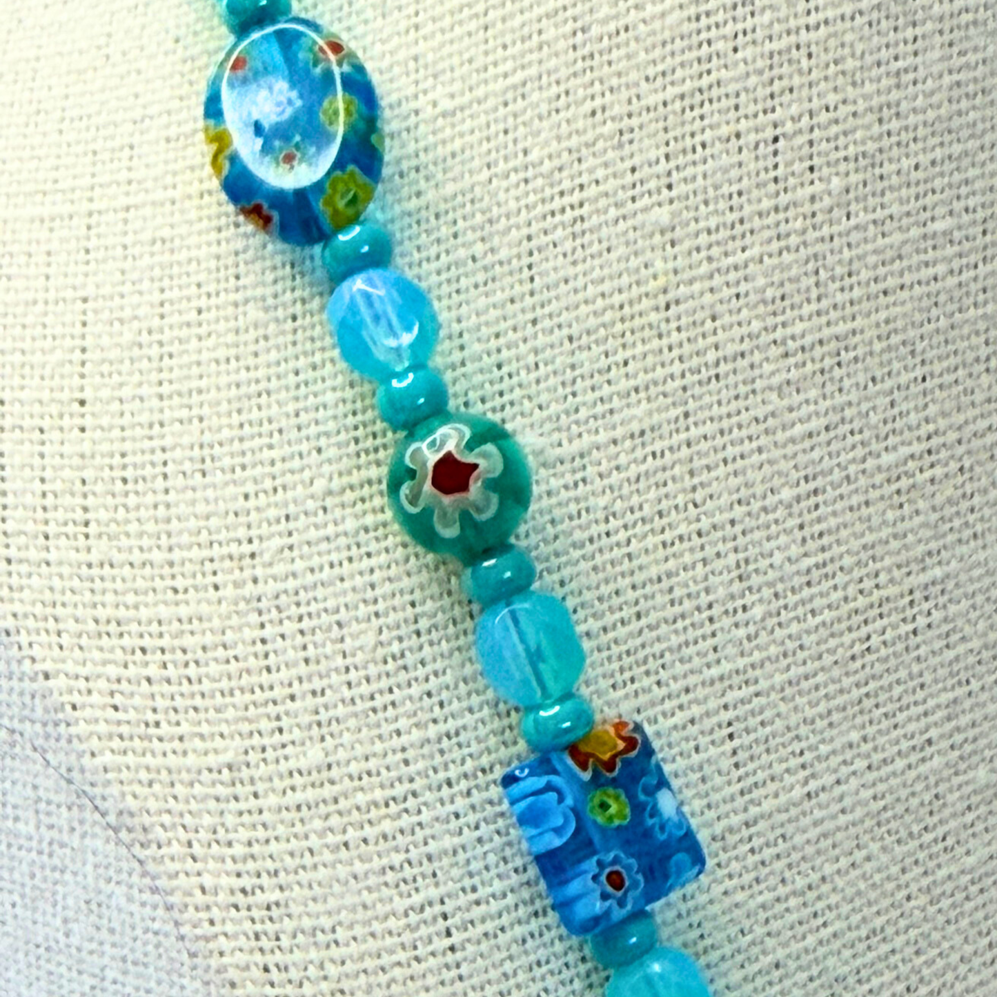 Millefiori Flower Necklace – Lagoon, Colorful Glass Jewelry in Aqua Blue Floral Design, Stainless Steel