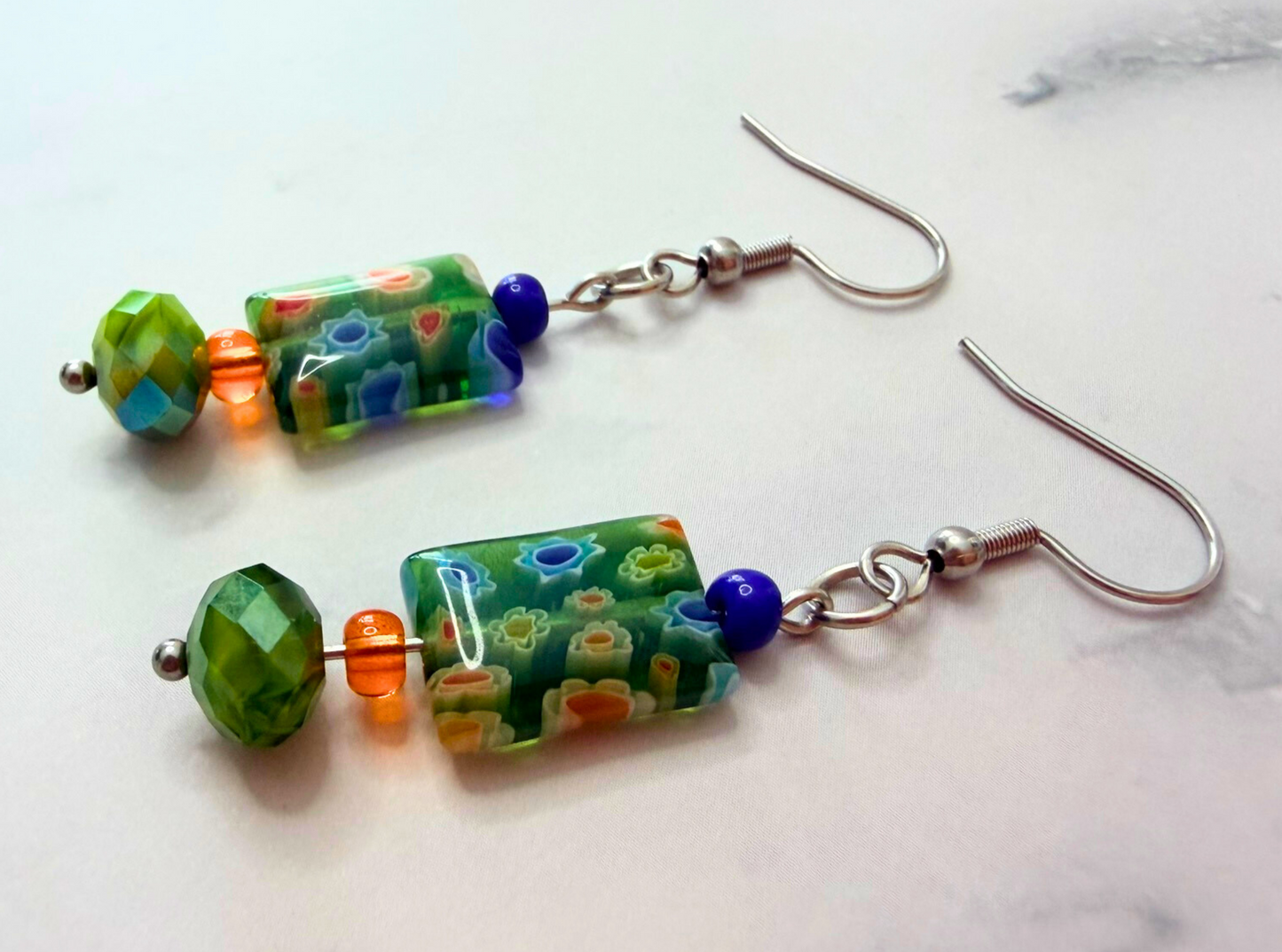 Millefiori Flower Earrings – Hidden Garden, Colorful Glass Jewelry in Bloom, Stainless Steel
