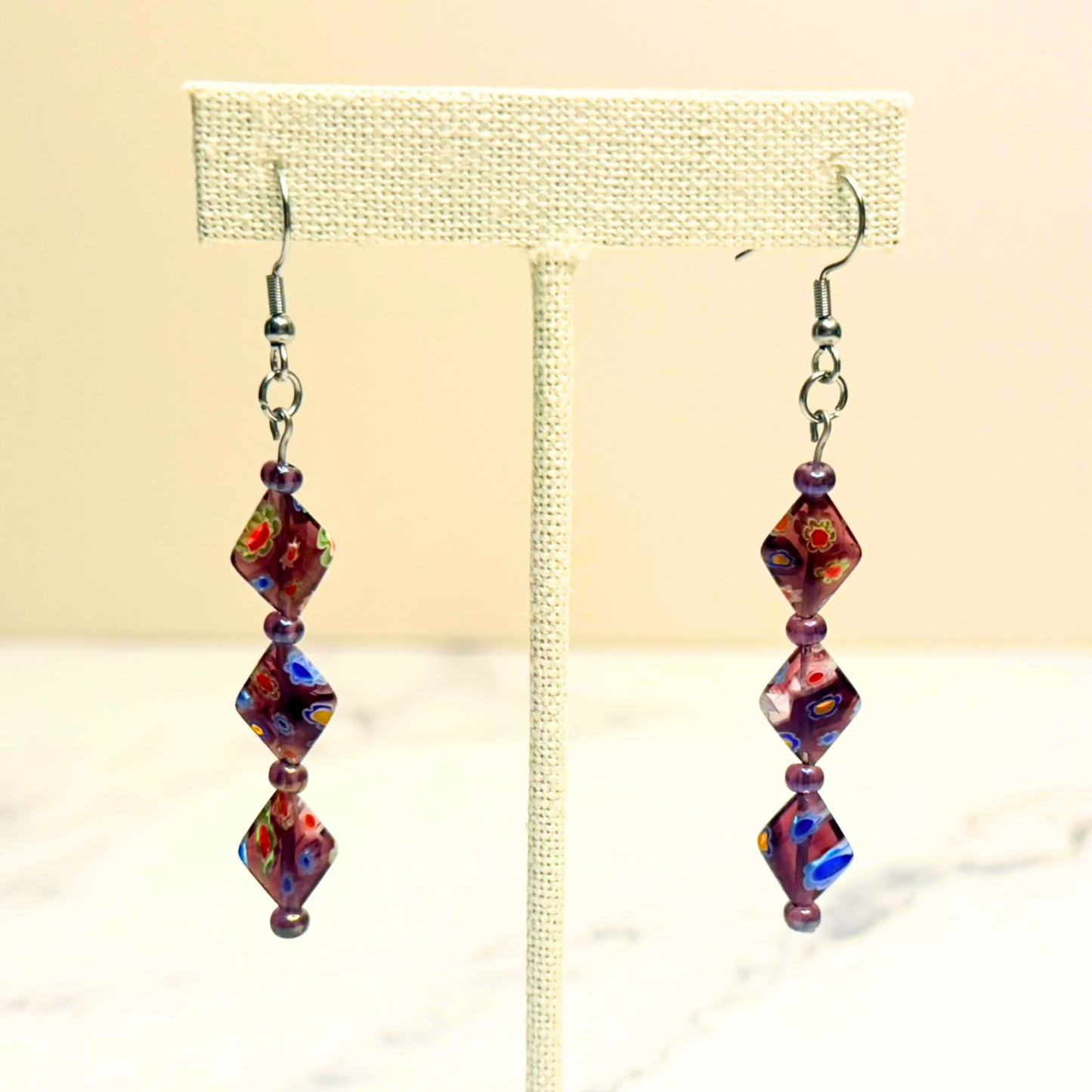 Cosmic Garden Earrings – Purple Millefiori & Amethyst Statement Dangles