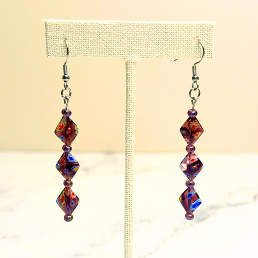 Cosmic Garden Earrings – Purple Millefiori & Amethyst Statement Dangles
