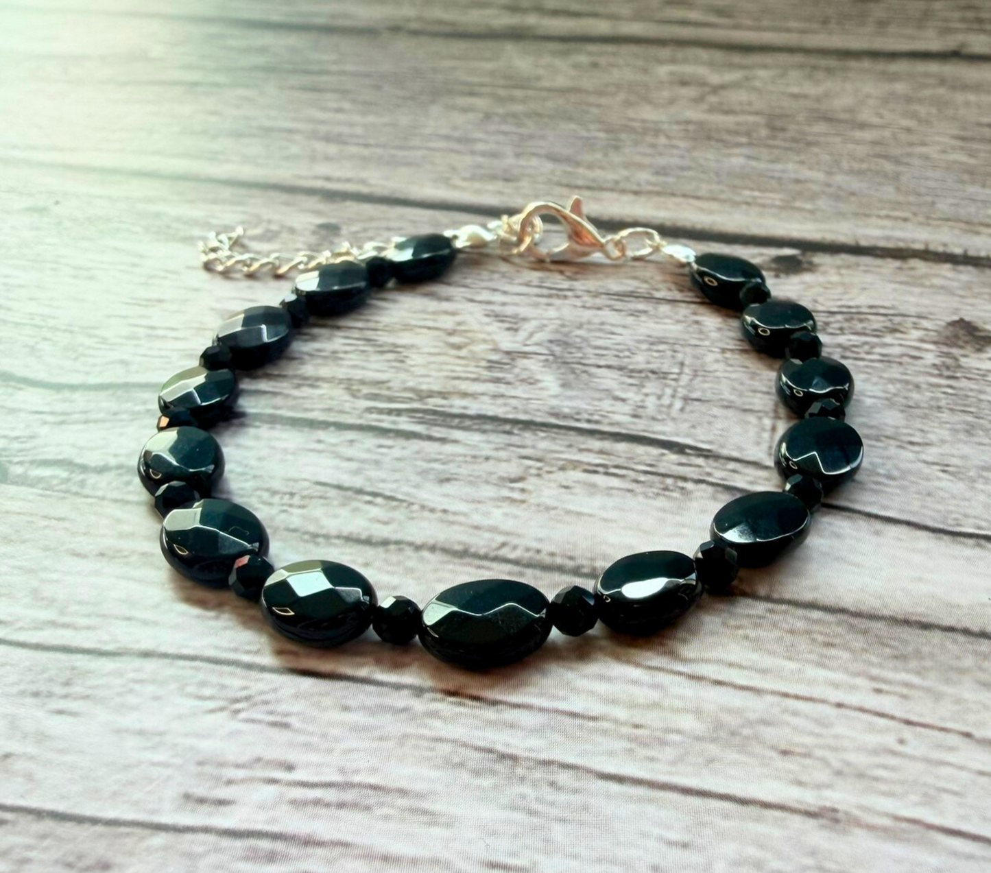 Faceted Onyx Bracelet – Minimalist Black Gemstone Jewelry, Stainless Steel