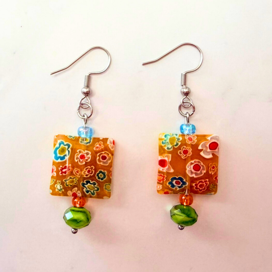 Millefiori Flower Earrings – Sunshine Garden, Colorful Glass Jewelry in Bright Yellow Tones, Stainless Steel