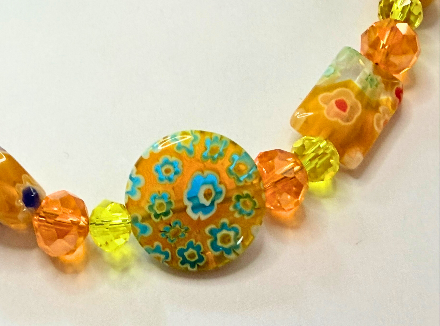 Millefiori Flower Necklace – Sunflower, Colorful Glass Jewelry in Bright Yellow Floral Design, Stainless Steel