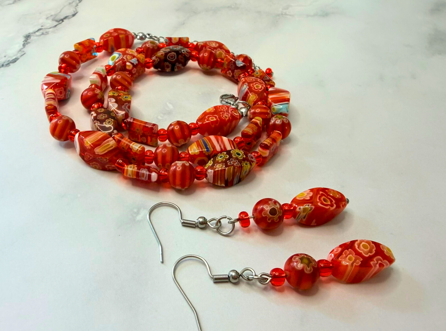 Millefiori Flower Earrings – Poppy, Colorful Glass Jewelry in Bold Red Floral Design, Stainless Steel
