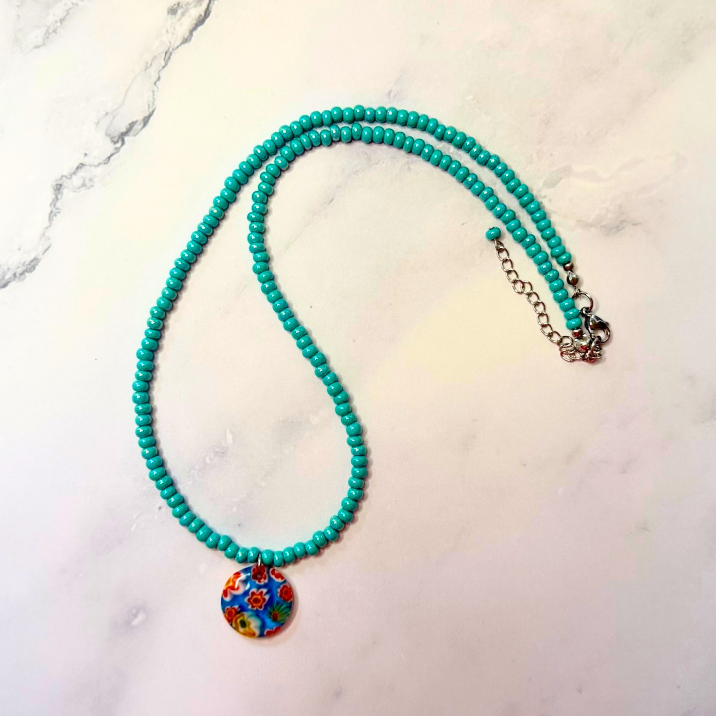 Ocean Daydream Millefiori Necklace – Aqua Beaded Floral Glass Pendant