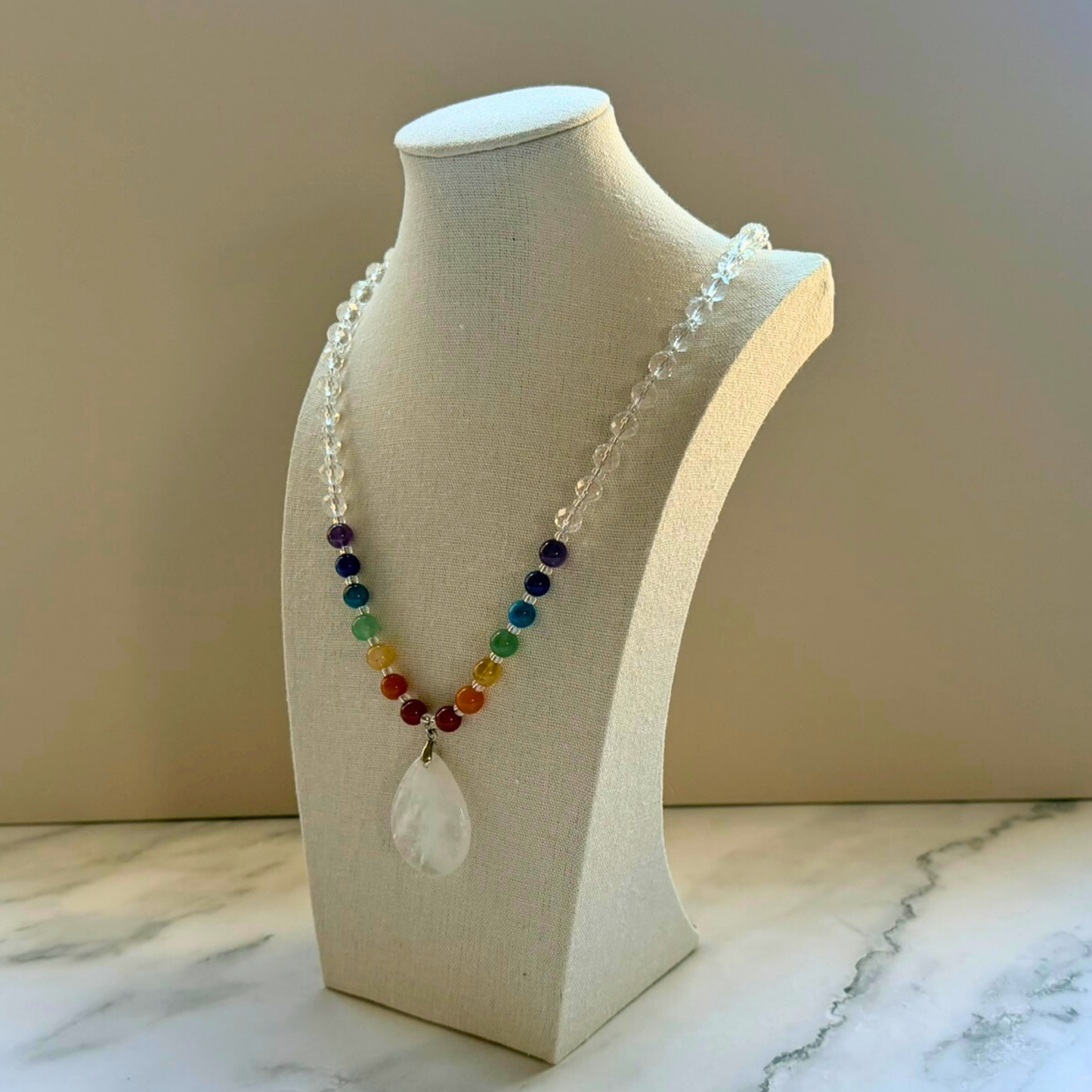 Chakra Statement Necklace – 7 Chakra Gemstone Jewelry for Balance & Clarity, Clear Quartz Pendant, Stainless Steel