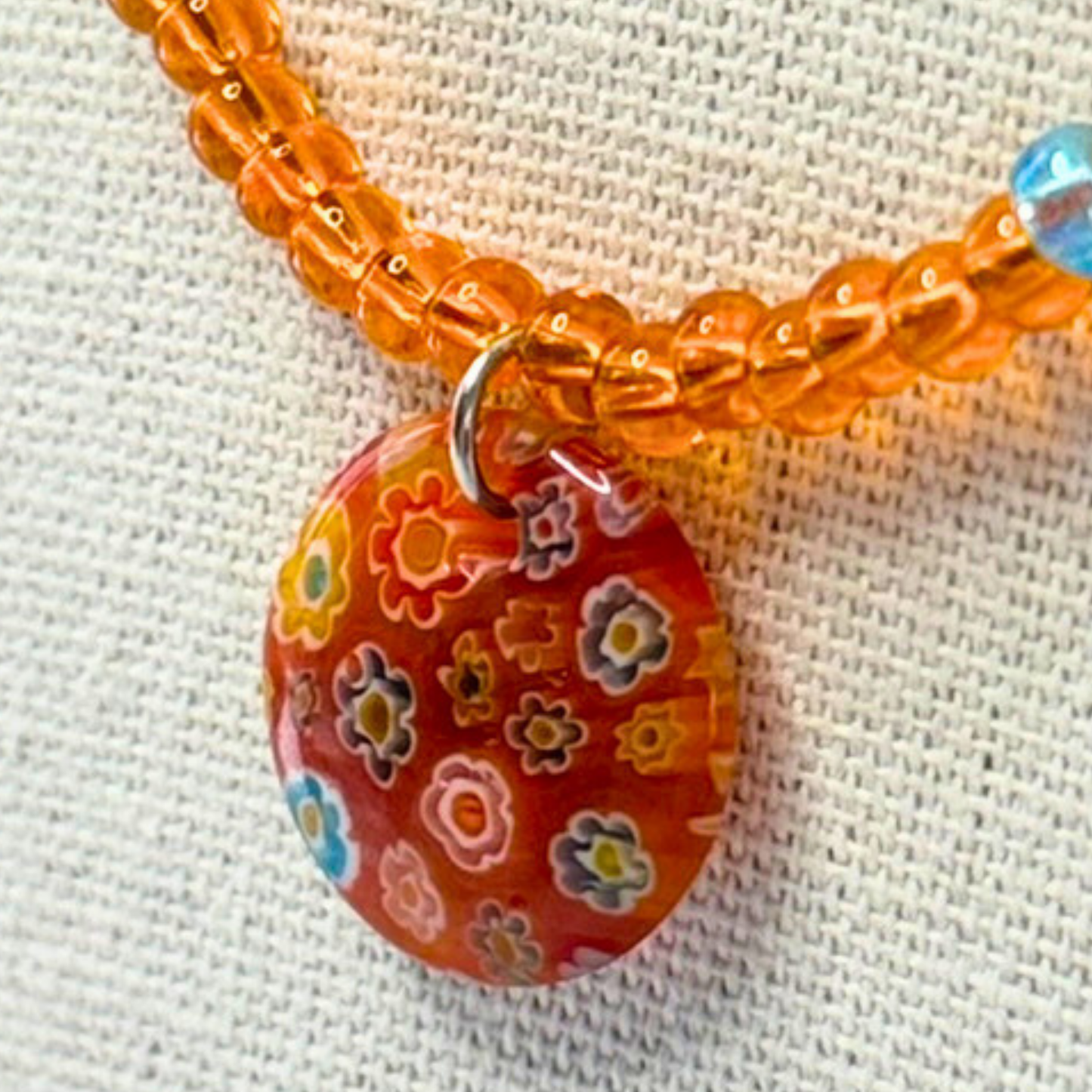 Tropical Daydream Millefiori Necklace – Orange Beaded Floral Glass Pendant