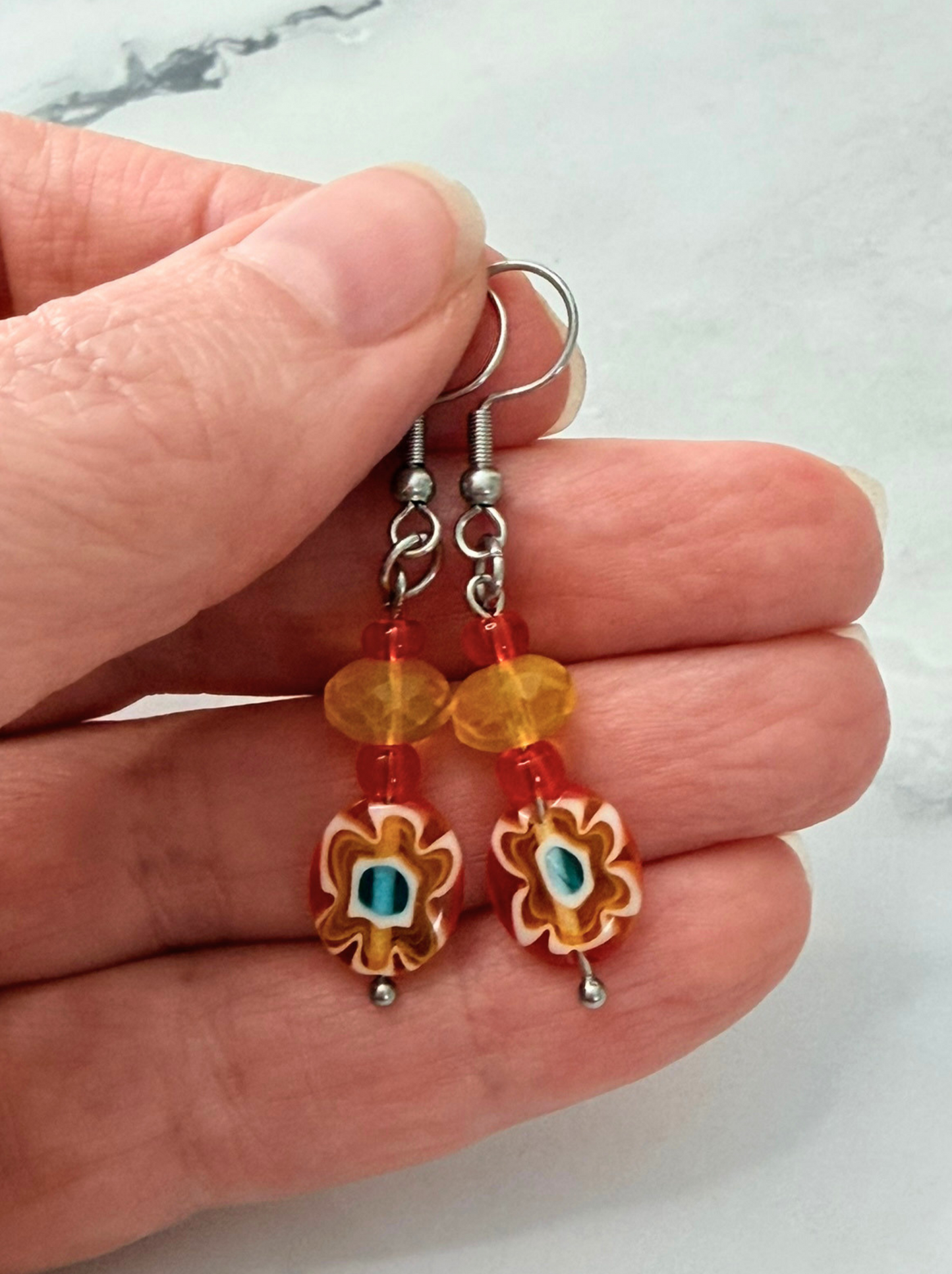 Sunshine Blossom Millefiori Earrings – Red & Yellow Floral Glass