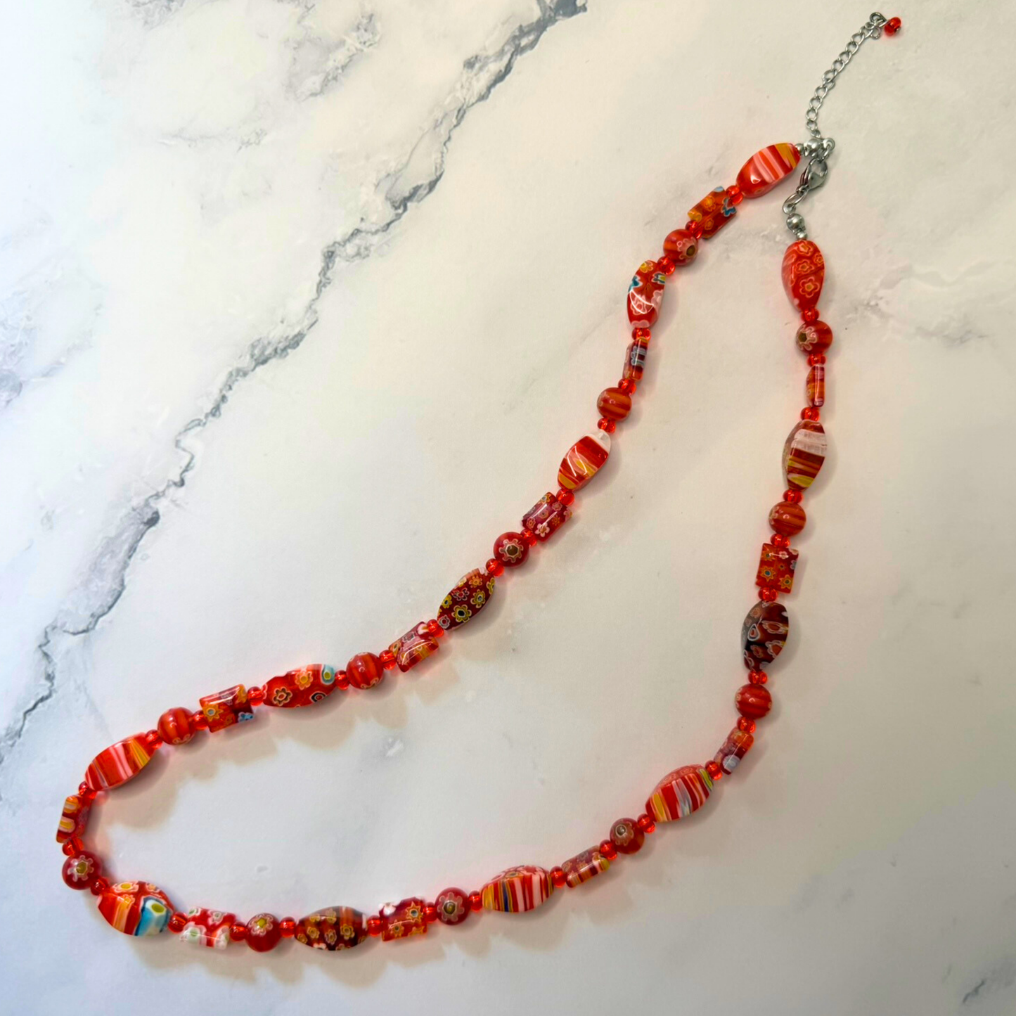 Millefiori Flower Necklace – Poppy, Colorful Glass Jewelry in Bold Red Floral Design, Stainless Steel