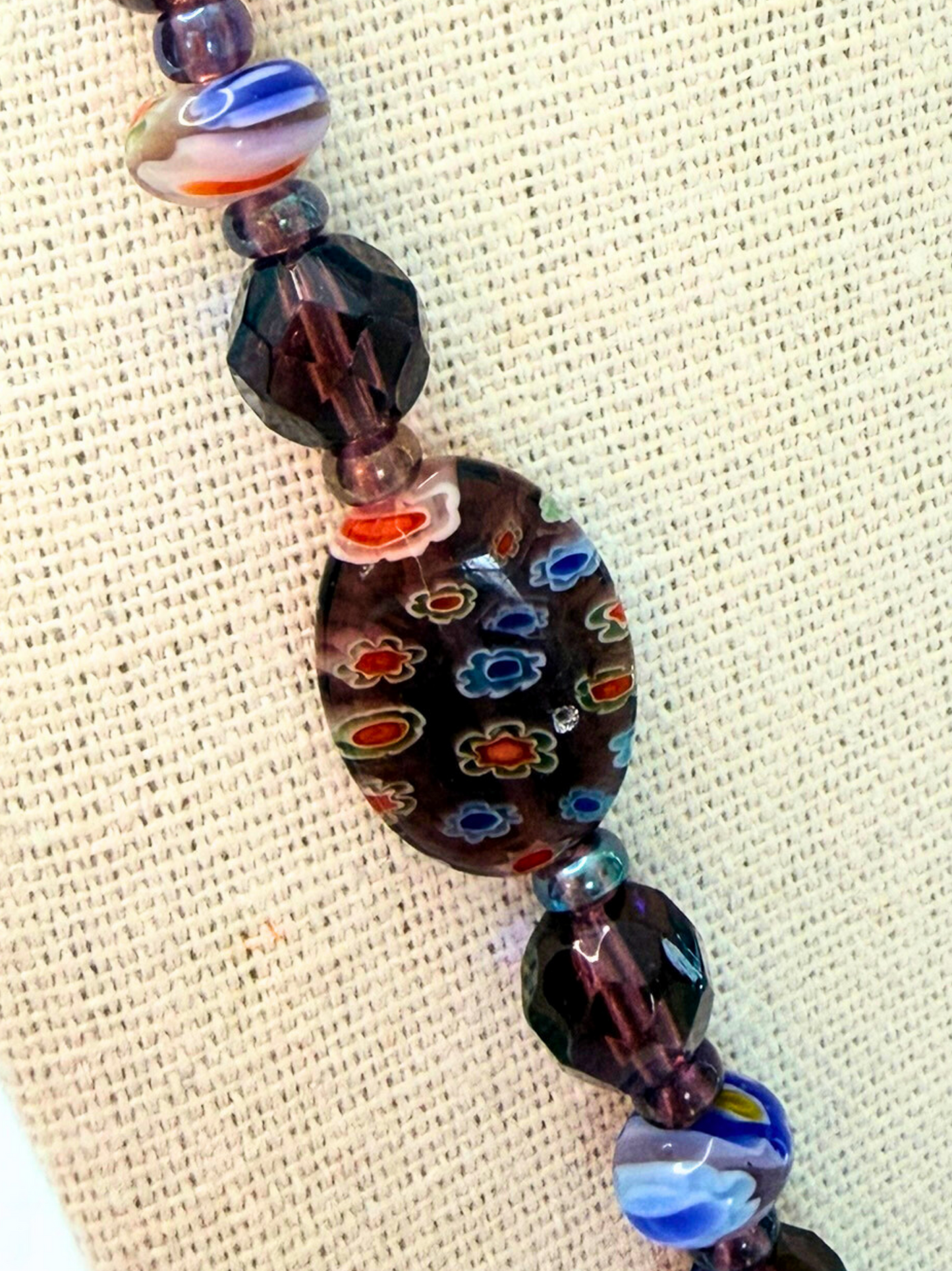 Millefiori Flower Necklace – Violet, Colorful Glass Jewelry in Purple Floral Design, Stainless Steel