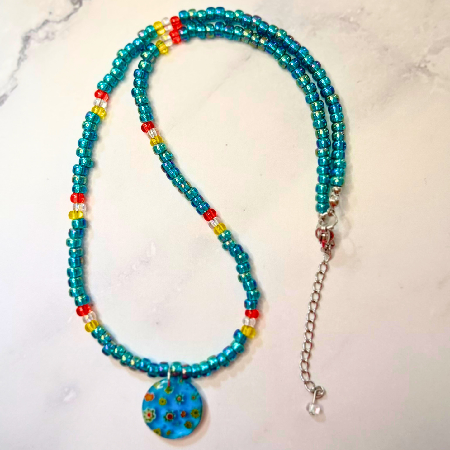 Seaside Daydream Millefiori Necklace – Teal Beaded Floral Glass Pendant