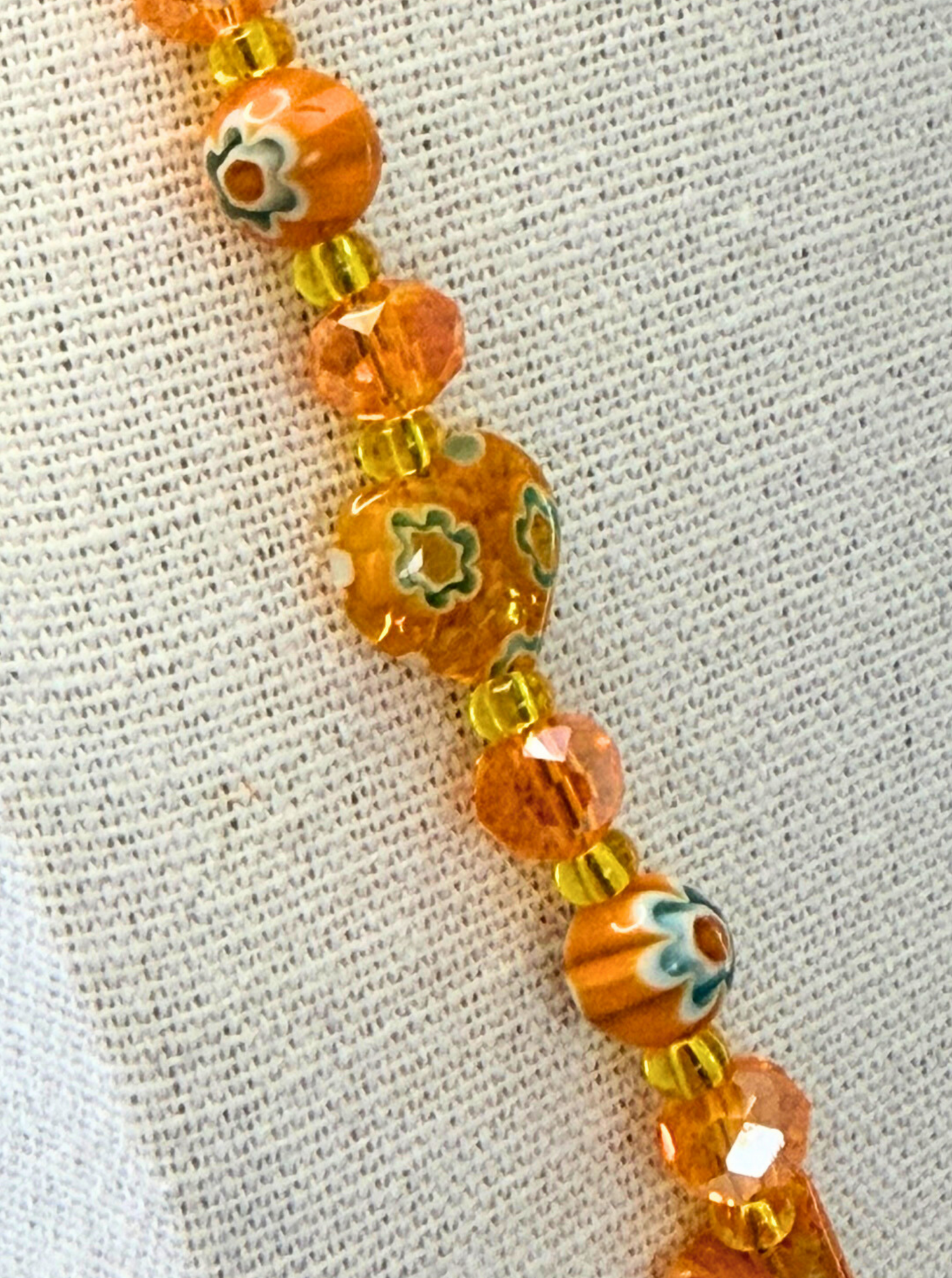Millefiori Flower Necklace – Sunshine, Colorful Glass Jewelry in Orange Yellow Floral Design, Stainless Steel