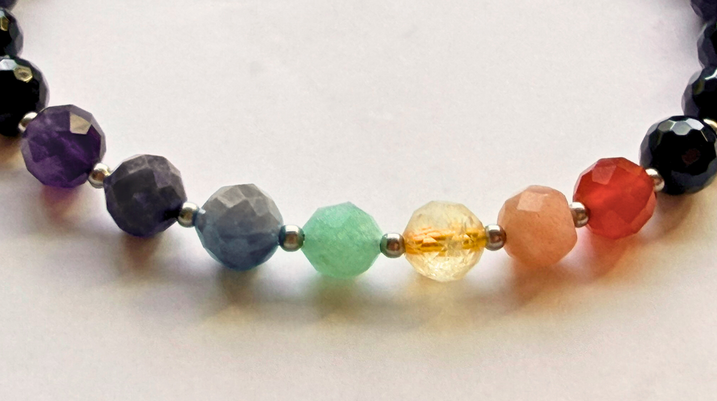 Chakra Bracelet – 7 Chakra Gemstone Jewelry for Balance & Symbolism, Onyx & Om Charm, Stainless Steel