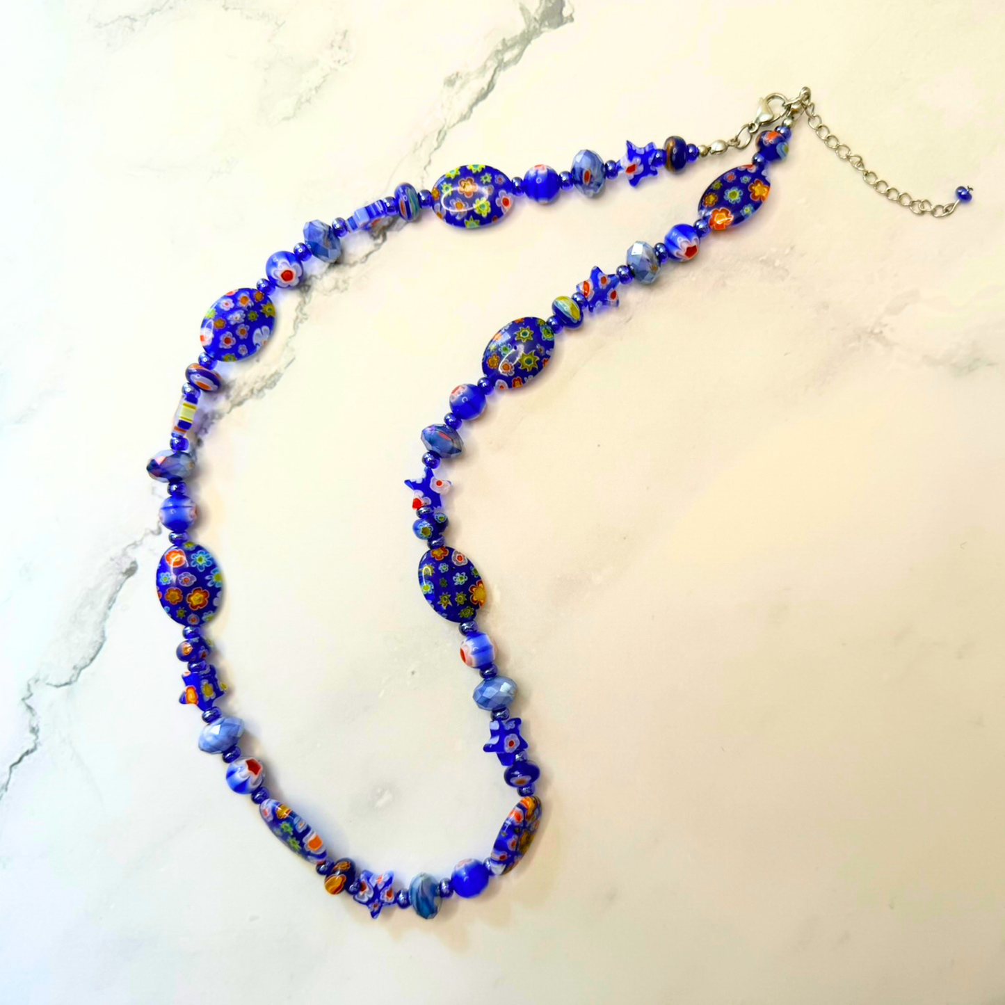 Millefiori Flower Necklace – Bluebonnet, Colorful Glass Jewelry in Bold Blue Floral Design, Stainless Steel