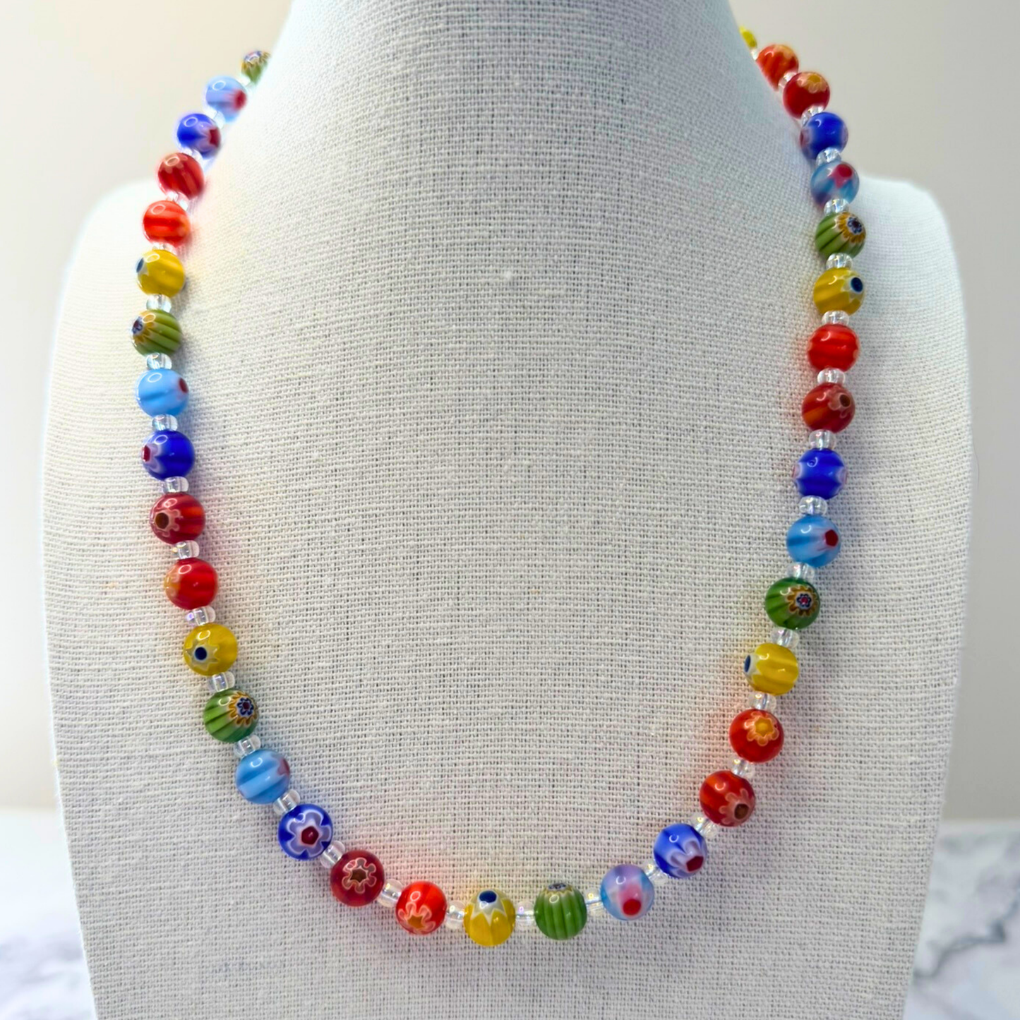 Millefiori Flower Necklace – Enchanted Garden, Rainbow Glass Jewelry for Everyday Wear, Stainless Steel