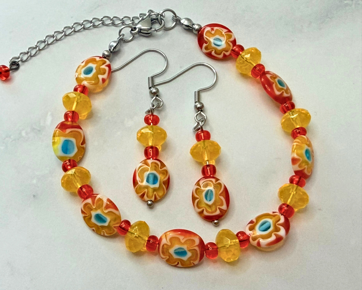 Sunshine Blossom Millefiori Earrings – Red & Yellow Floral Glass