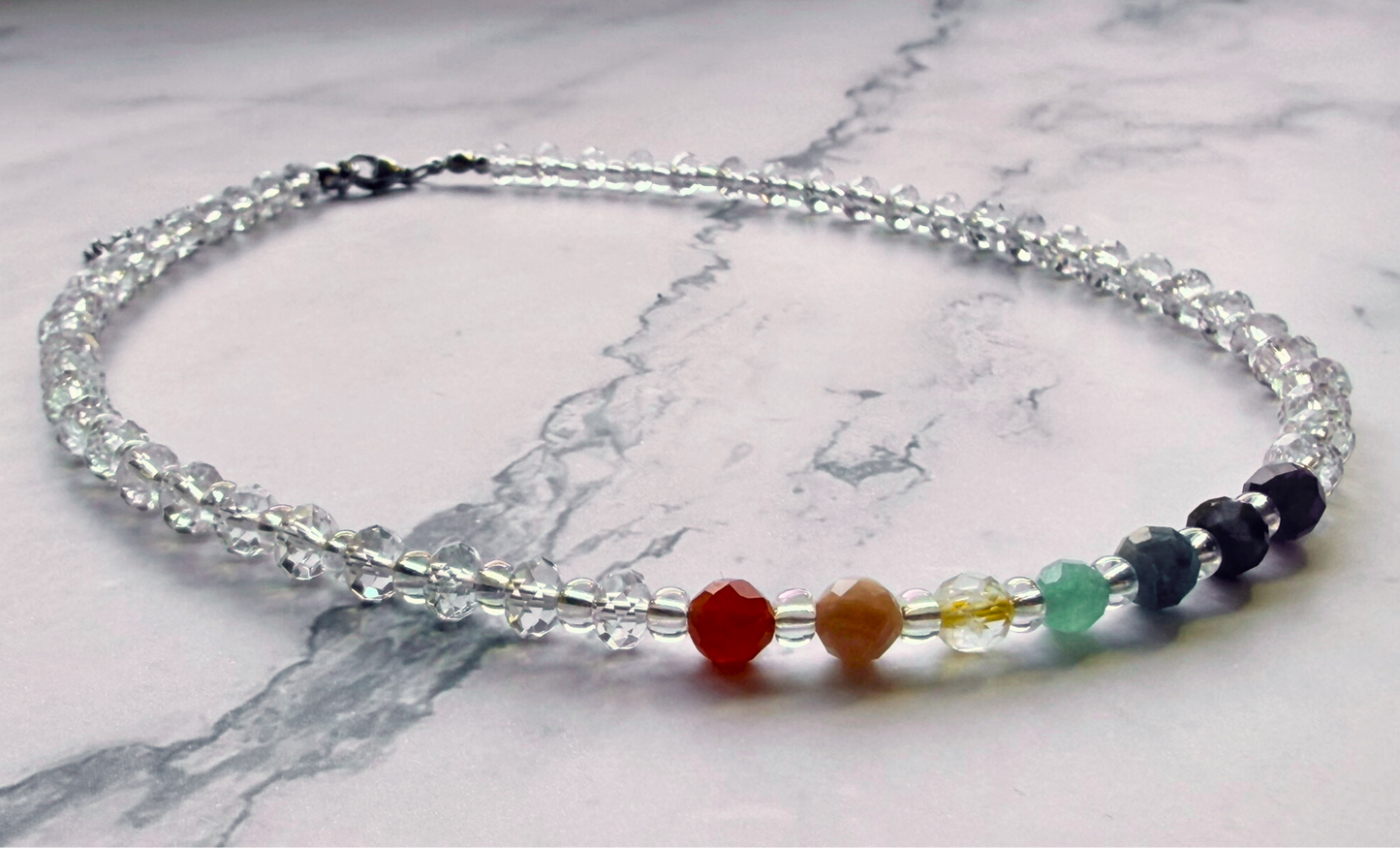 Chakra Choker Necklace – Minimalist 7 Chakra Gemstone Jewelry for Balance & Clarity, Clear Quartz, Stainless Steel