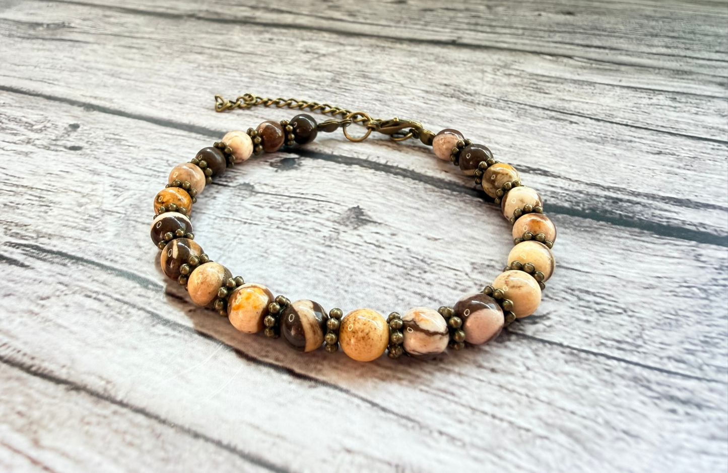 Brown Zebra Jasper Bracelet – Boho Earth Tone Gemstone Jewelry, Antique Bronze