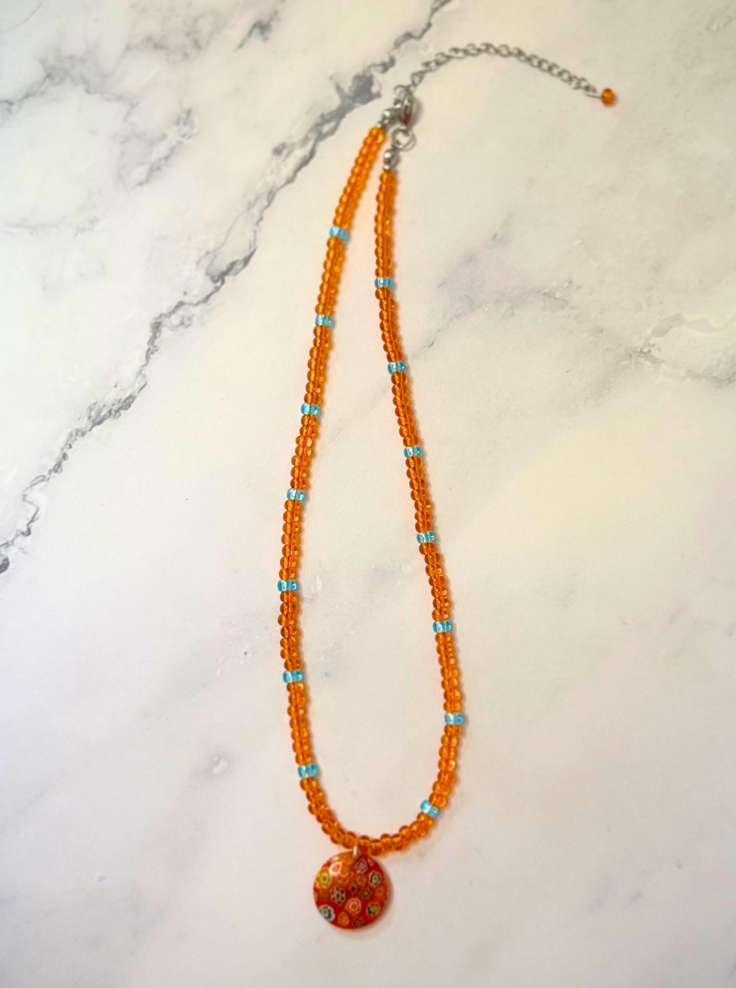 Tropical Daydream Millefiori Necklace – Orange Beaded Floral Glass Pendant