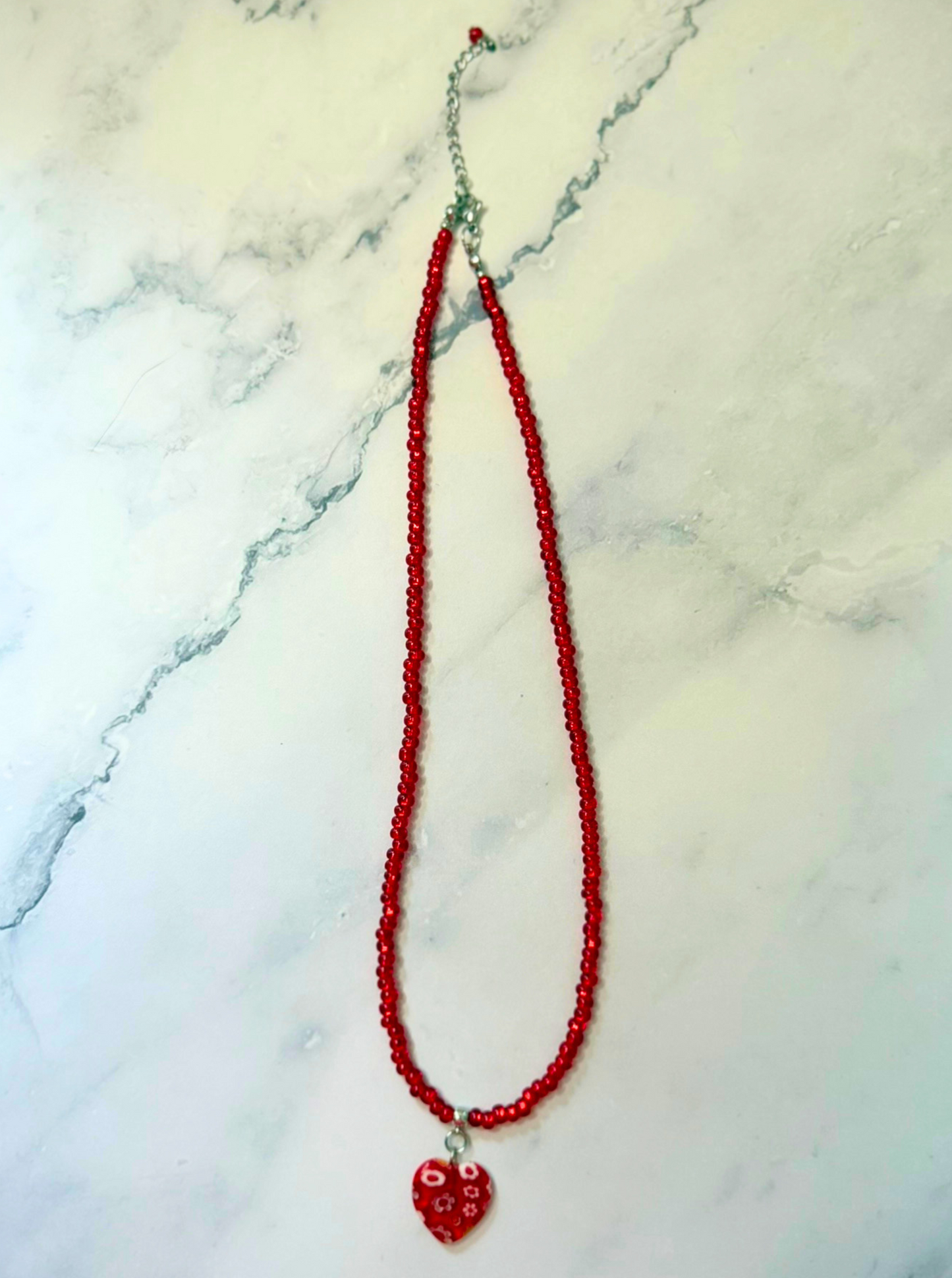 Heartfire Millefiori Heart Necklace – Red Beaded Floral Glass Pendant
