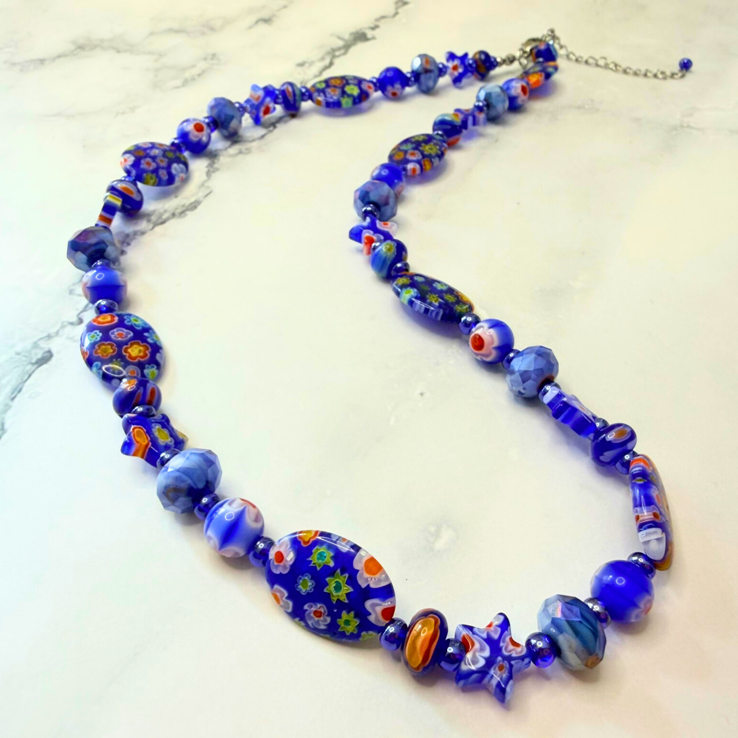 Millefiori Flower Necklace – Bluebonnet, Colorful Glass Jewelry in Bold Blue Floral Design, Stainless Steel