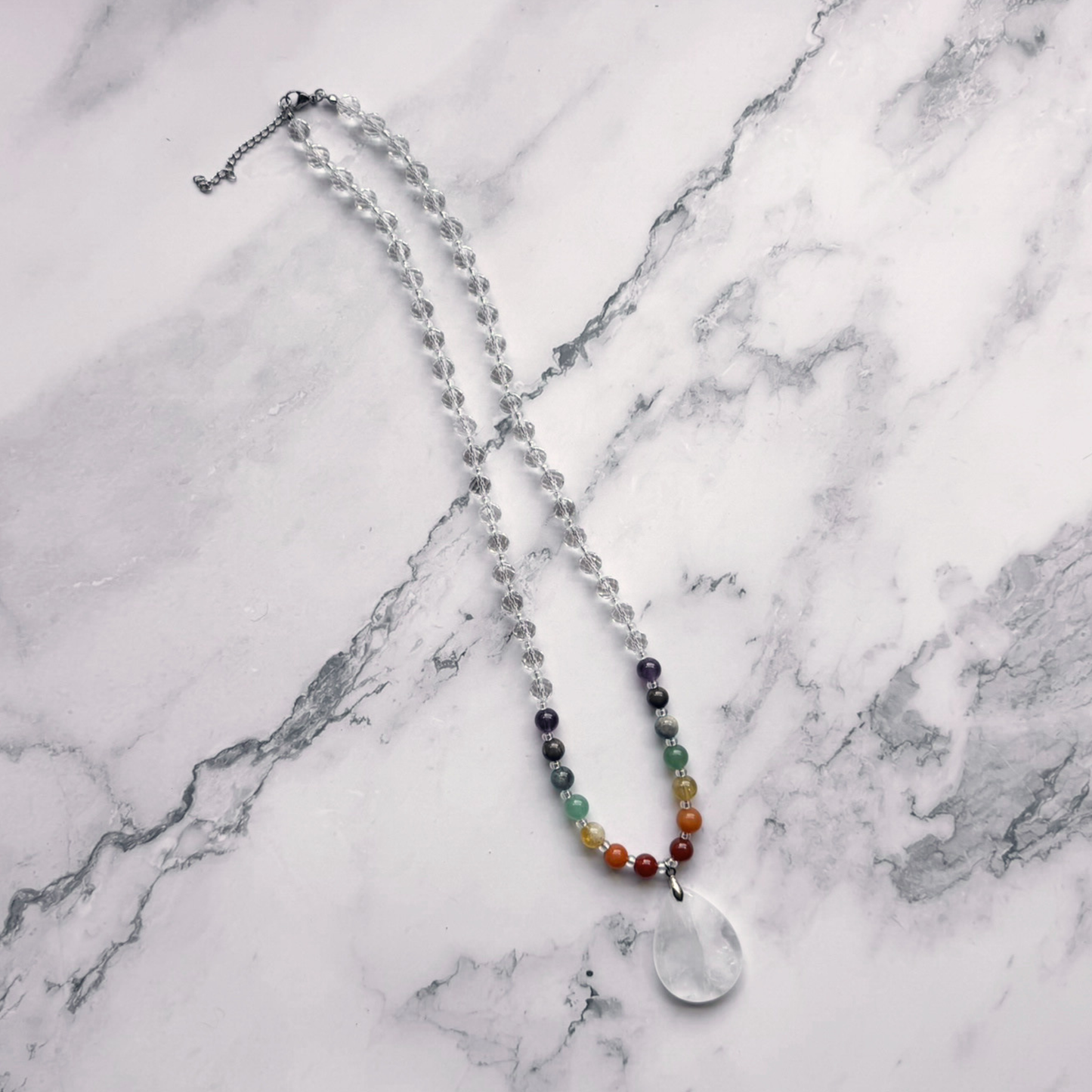 Chakra Statement Necklace – 7 Chakra Gemstone Jewelry for Balance & Clarity, Clear Quartz Pendant, Stainless Steel
